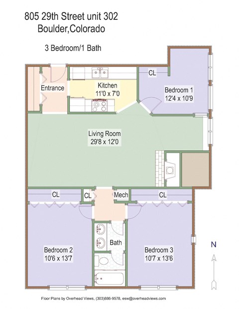 Floor plan for 3 beds, 1 bath, 1000 sqft